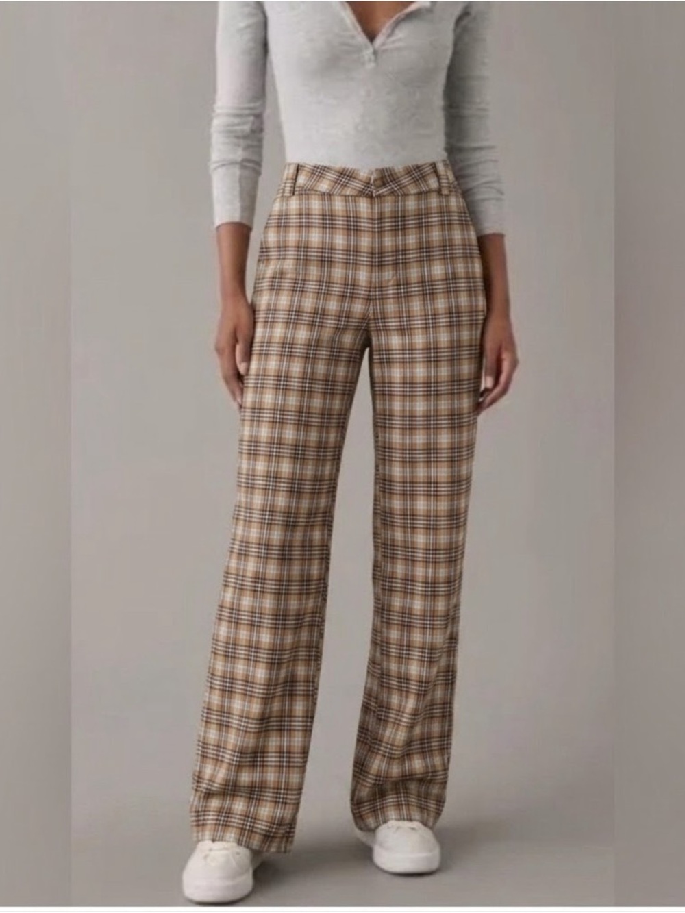 NEW Hollister Tan Plaid Wide-Leg Pants SIZE W32